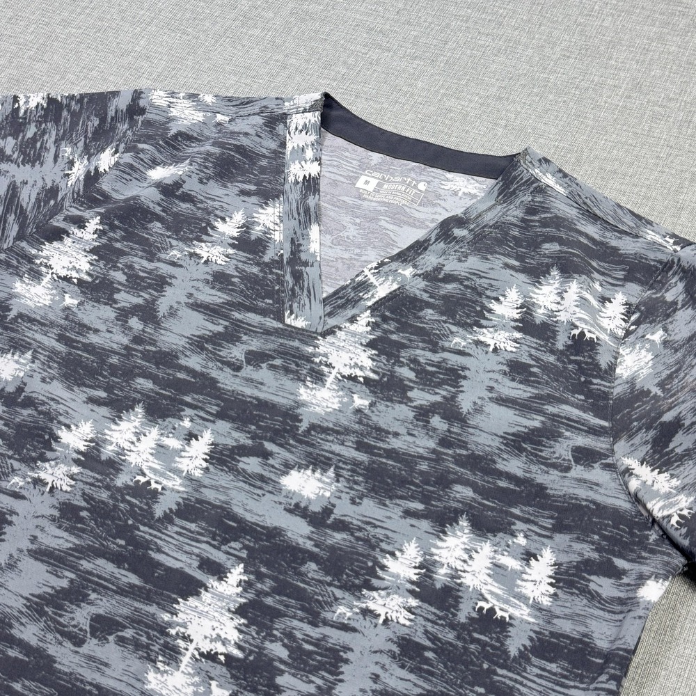 Carhartt Camo Tree Print Scrub Top Womens Medium Gray Short Sleeve V-Neck